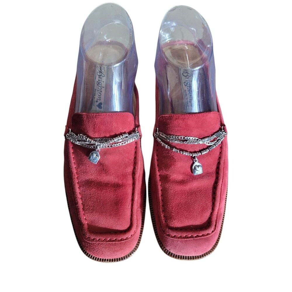 Brighton Suede Leather Slip On Mules Women's 7.5 Red Silver Charm Made in Italy